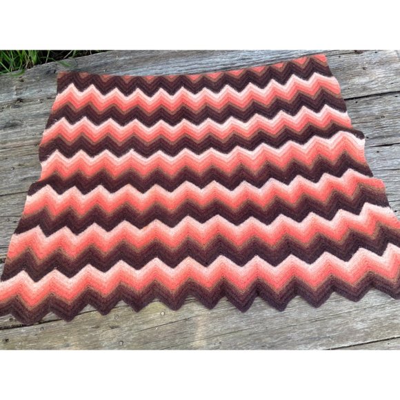 unbranded Other - Vintage Chevron Wool Small Crochet Afghan Lapghan Orange Brown Retro